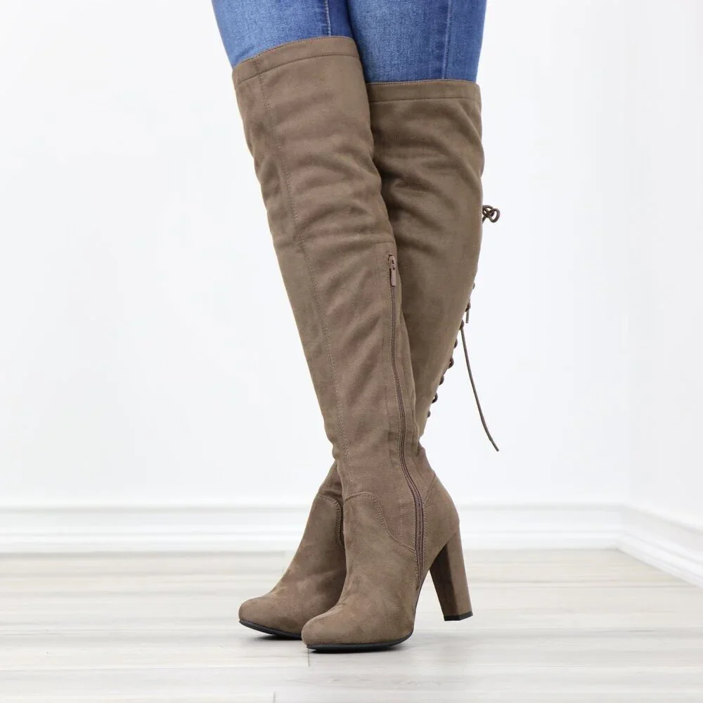 Taupe Faux Suede Over The Knee Lace Up Back Side Zipper High Heel